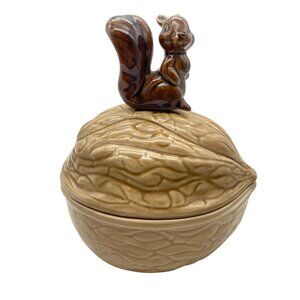 Vintage Armbee Squirrel on Walnut ceramic lidded trinket candy dish Japan MCM